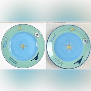 K.I.C. Brushes SALAD PLATES Sea Life Beach Nautical Hand Painted NEAR MINT Set 2